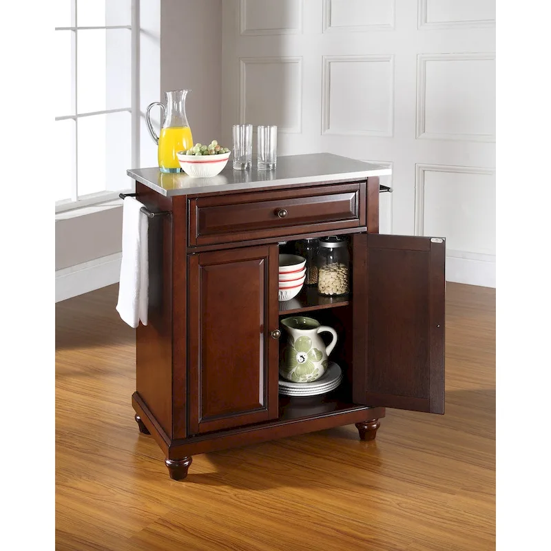 Cambridge Vintage Mahogany Portable Kitchen Island with Stainless Steel Top - 31W x 18D x 35H