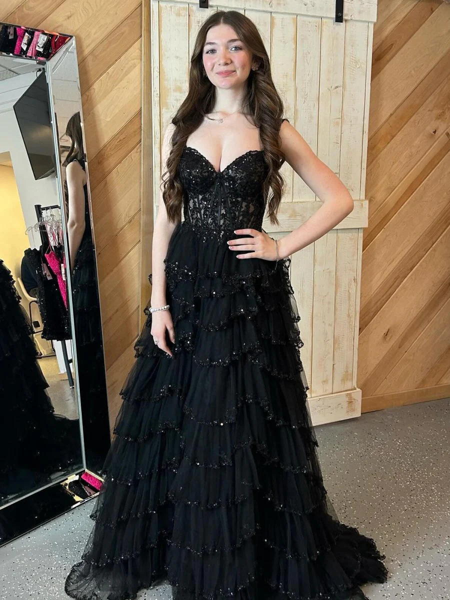 A-Line Sweetheart Champagne Tulle Prom Dresses with Appliques