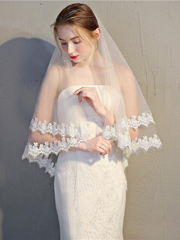 Two Tier Wedding Veils Hip Length Lace Hem Bridal Veil