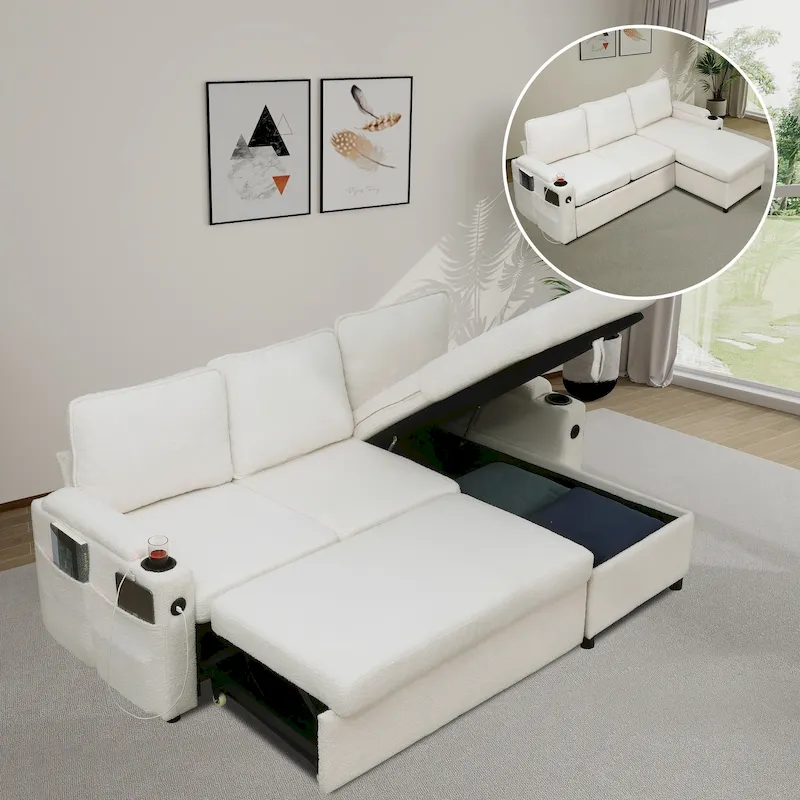 80 L-Shaped Sofa Couch Bed, Sofa Sleeper with Pull Out Bed, Reversible Sleeper Sofa Bed