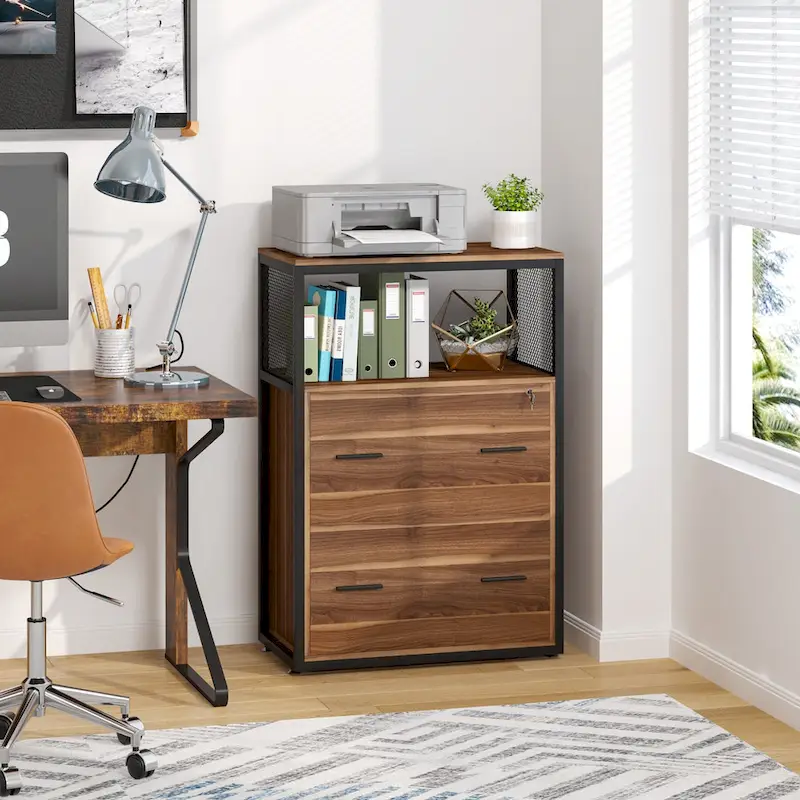 Walnut Black 2-Drawer Lateral File Cabinet with Open Shelves