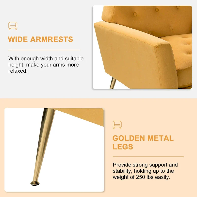 Velvet Tufted Accent Armchair with Gold Metal Legs – 250lbs Capacity