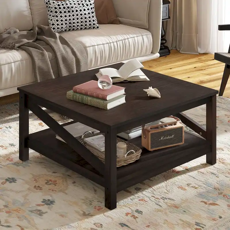 Mid-Century Industrial 2-Tier Square Coffee Table with Scratch-Proof Top & Oblique Bar Frame – Espresso / Dark Grey / Brown+White, Single