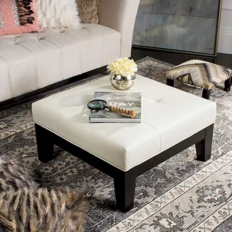 Perri Square White Leather Ottoman