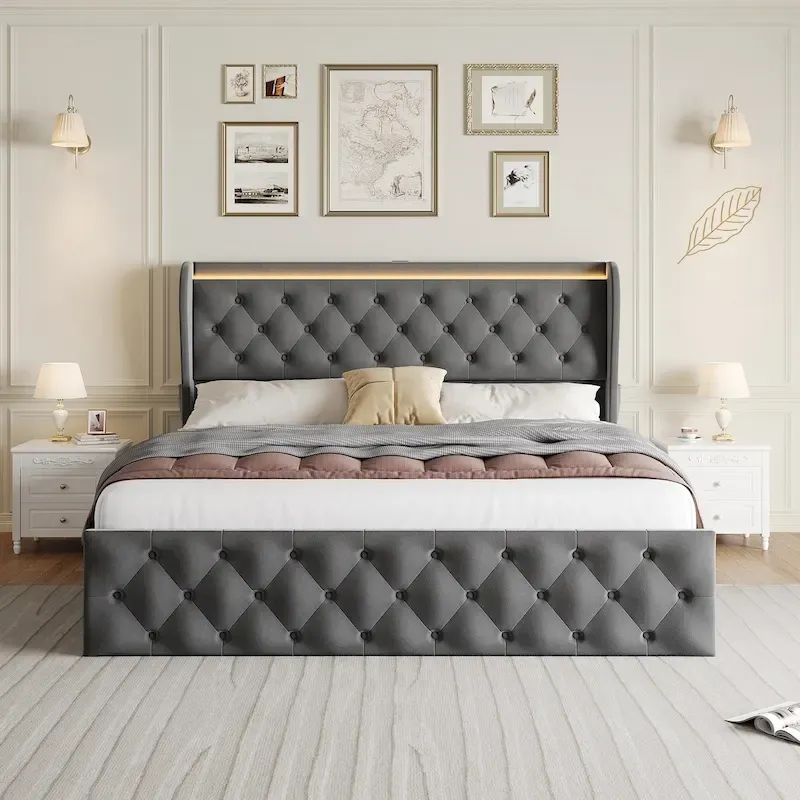 Velvet Upholstered Bed Frame with Wingback Headboard