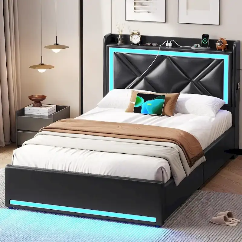 Bed Frame LED Lights Headboard & USB-C/A Charging Station 4 Drawers