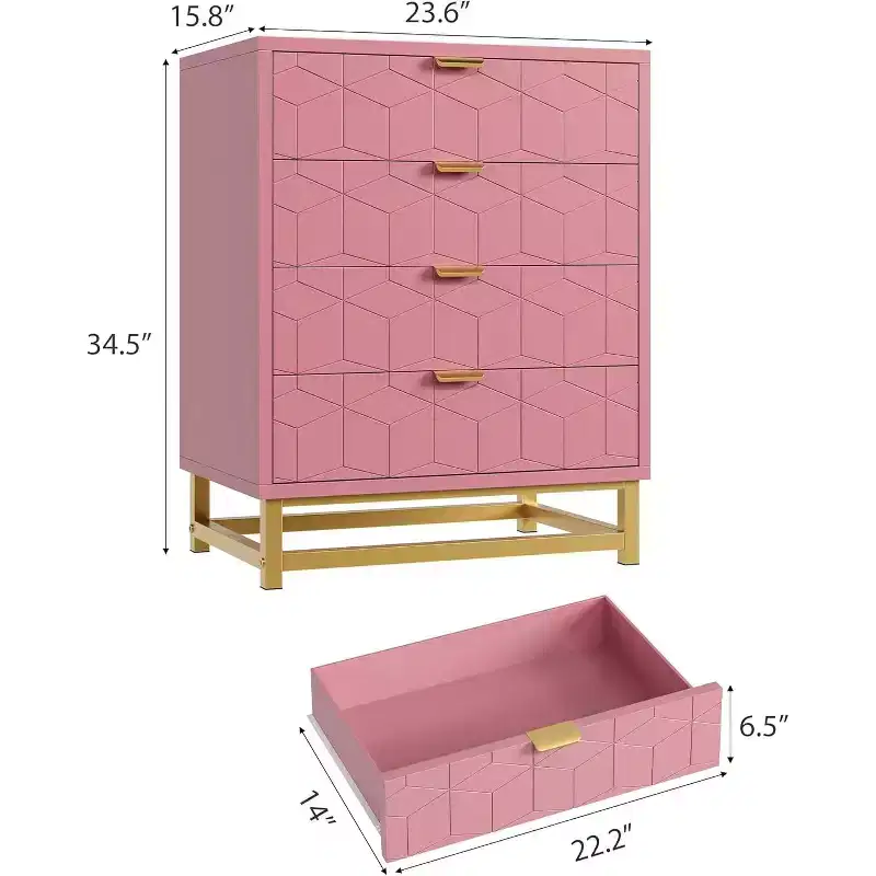 Pink Dresser for Bedroom, 4 Drawer Wooden Dresser with Gold Handles, Modern Storage Dressers & Chests of Drawers for Hallway, Entryway