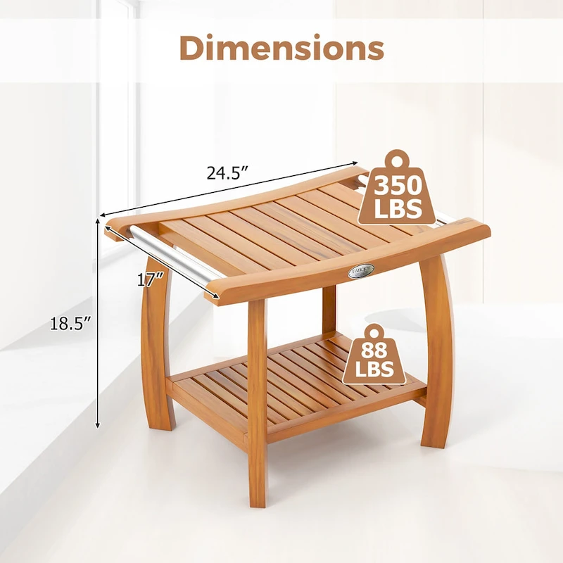 Gymax Teak Wood Shower Bench 2-Tier Wooden Shower Stool w/ Curved Seat