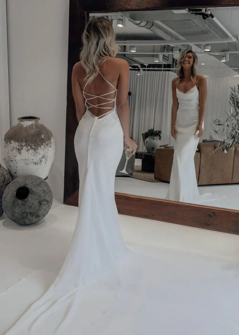 Mermaid Satin White Spaghetti-Straps Wedding Dresses With Lace-Up Back