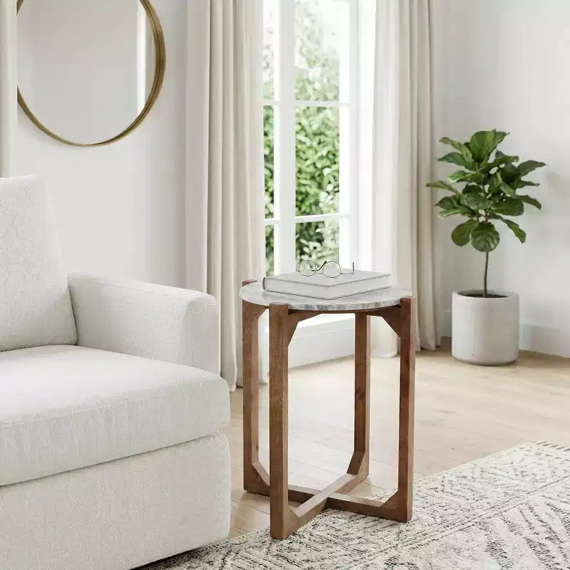 Classic Round End and Side Table for Small Spaces - Marble Top and Metal Base for Living Room, Bedroom and Home Decor - 22, Ivory & Gray