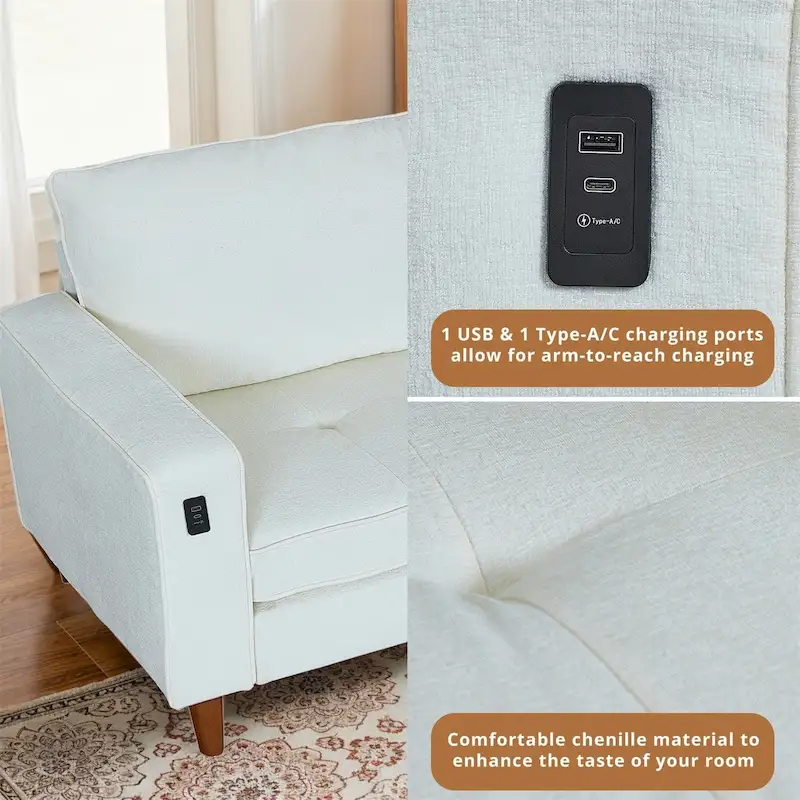 82.6 Inch Modern Living Room Chenille Recliner Sofa, loveseat Sofa,Removable Sofa Cover with USB, Easy to Instal