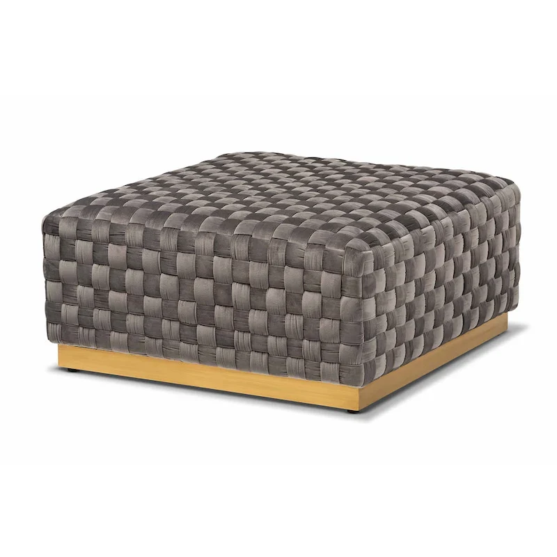 Grey Velvet Square Cocktail Ottoman with Gold Base