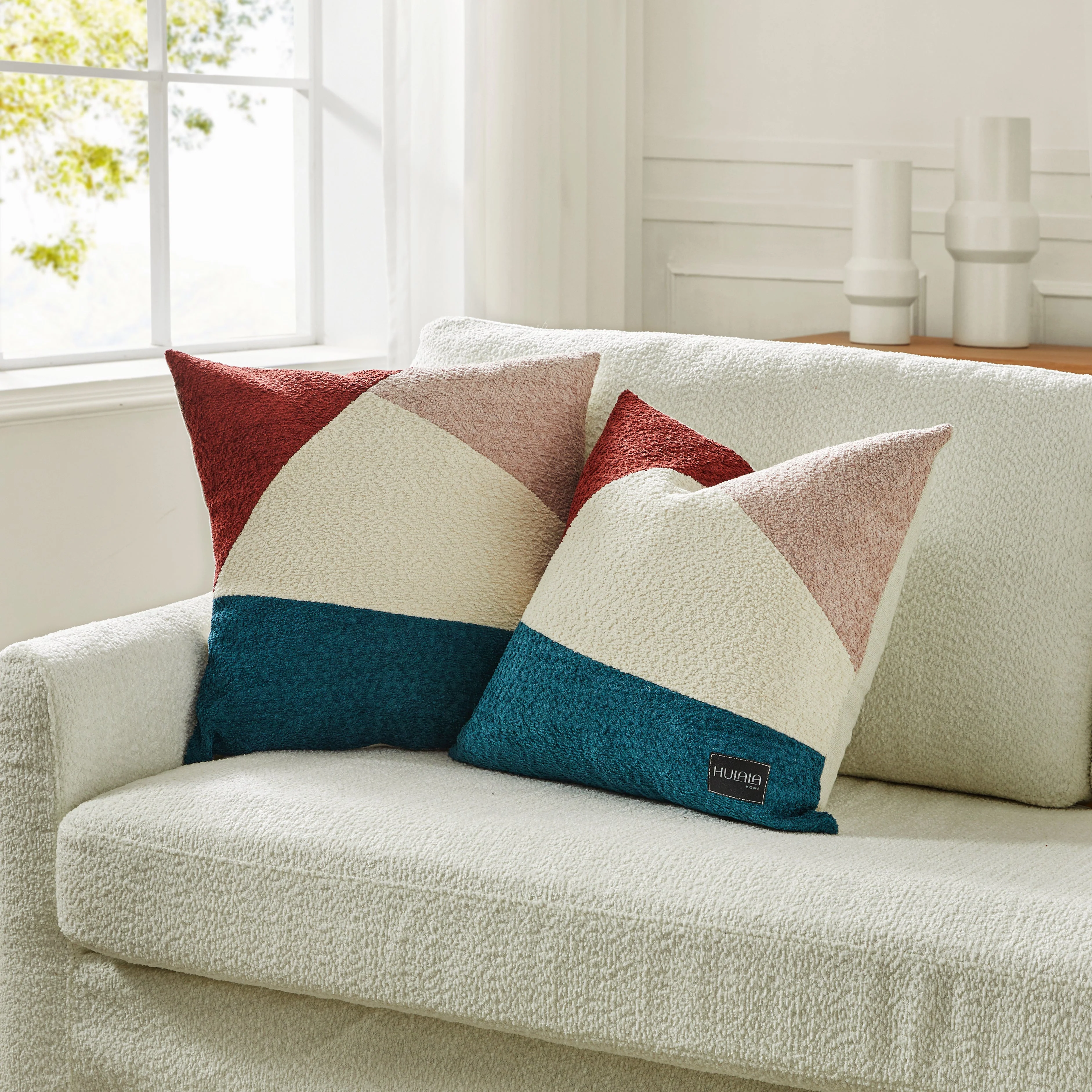 Patchwork Boucle Throw Pillow Cover with Leather Zipper | Harbor / Rust / Charcoal | Single | 20 x 20 in