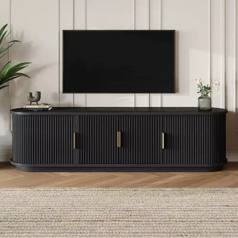 JVNOXK 66-inch Recessed Farmhouse-Style Wooden TV Stand with Gold Handles, Suitable for TVs 75 inches and under; Features Sliding Roller Doors, Black
