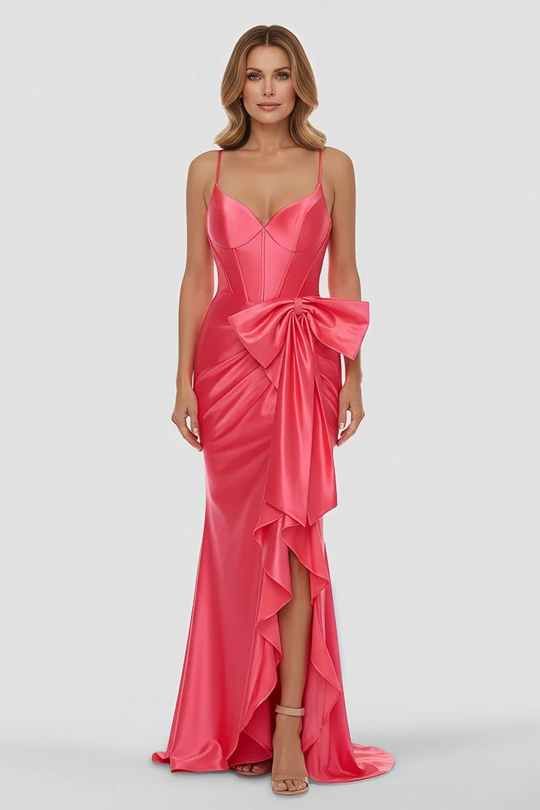 Straps V-Neck Satin Mermaid Prom Dress with Bow