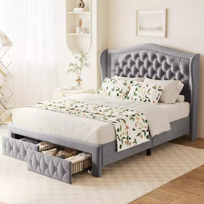 Dyonery Queen Velvet Bed Frame, 52.6 Wingback Tufted Headboard, 2 Drawers, No Box Spring