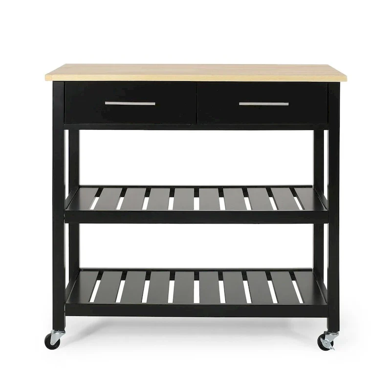 Modern White Wood Kitchen Cart with Wheels Drawers and Shelves by