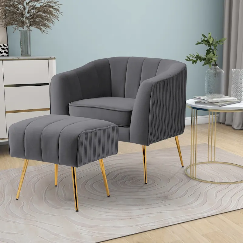 Modern Velvet Barrel Arm Accent Chair with Ottoman