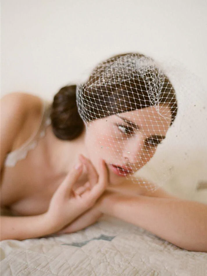Vintage Ivory Mesh Birdcage Wedding Veils with Tiny Crystals