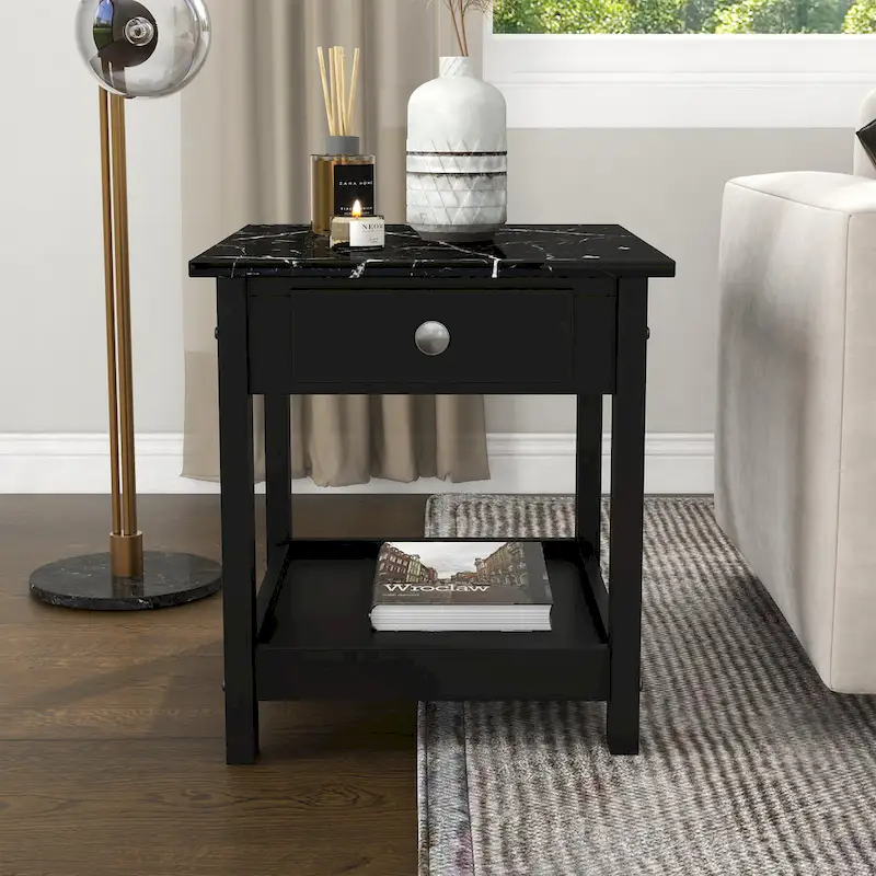 Transitional Rubberwood 3-Piece Coffee Table and End Table Set with Drawer
