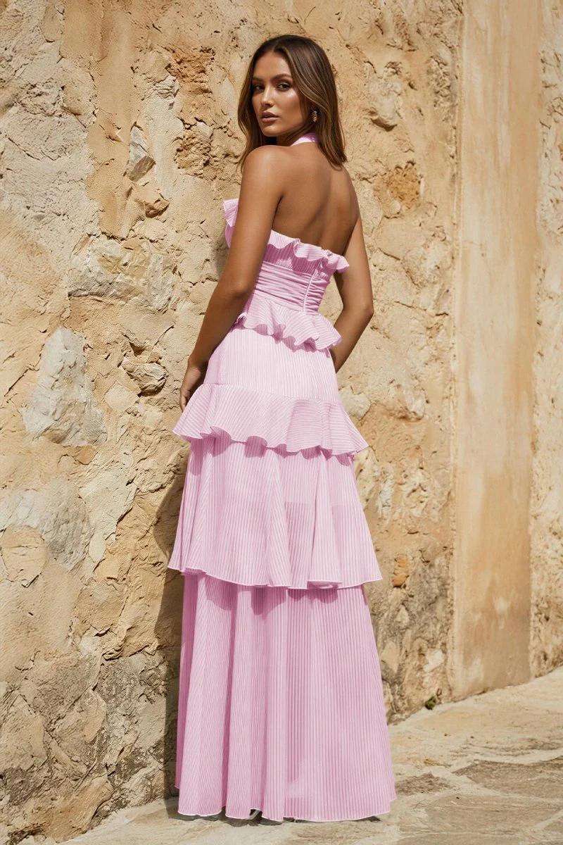 Sky Blue Halter Sheath Pleated Chiffon Long Prom Dresses With Ruffles