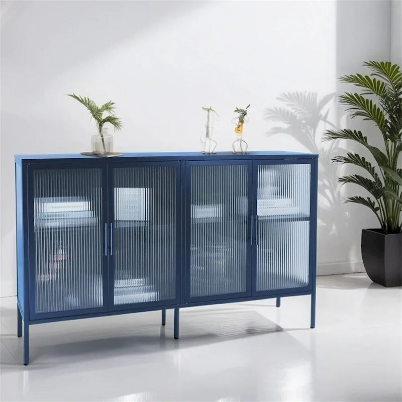 4-Door Sideboard Cabinet, Fluted Glass Doors, Adjustable Shelf, Steel Frame, Anti-Tip Device, Blue / Black / Mint Green, 1-Person Use