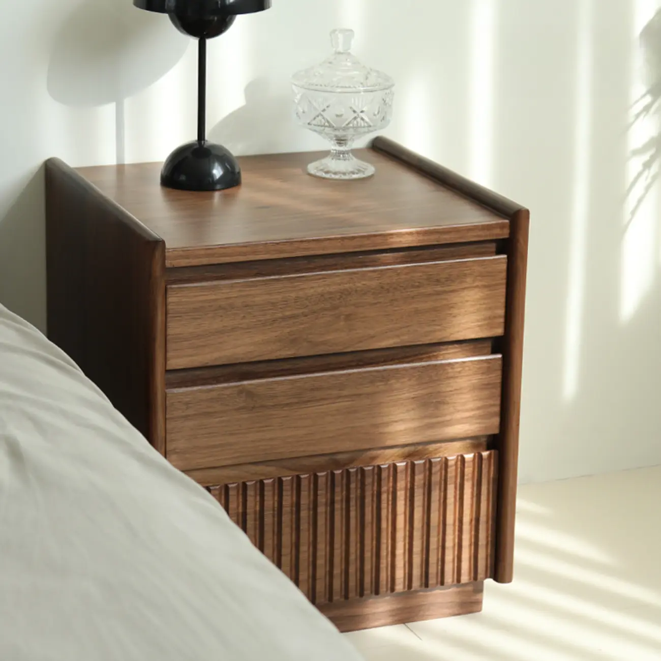 3-Drawer Scandinavian Walnut Wood Nightstand