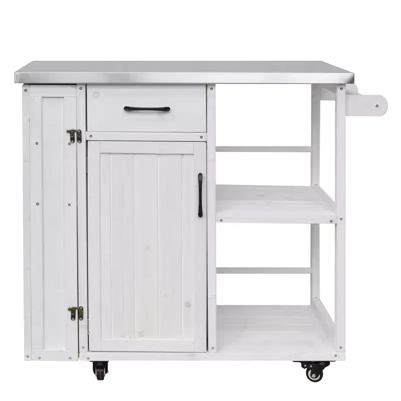 sumyeg Outdoor Kitchen Island Cart with Stainless Steel Top, Fir Wood Prep Station with Storage Cabinet, Drawer, Shelves and Lockable Wheels, White