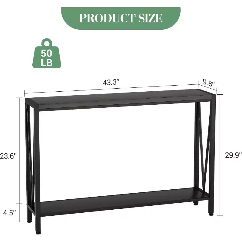 Acekool Industrial Style 2-Shelf Console Table, 43 Inch Narrow Metal Entryway Table, Sofa Side Table for Living Room