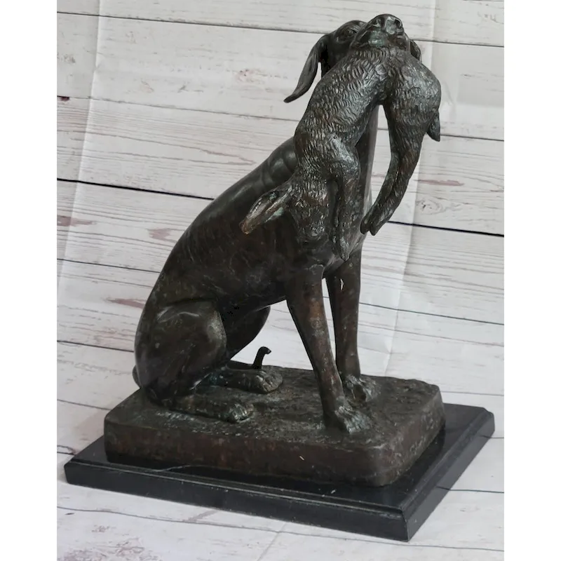 Hunting Dog Retriever W/ Imitative Rabbit In Mouth Bronze Statue Sculpture Figure 16 Inches X 16 Inches