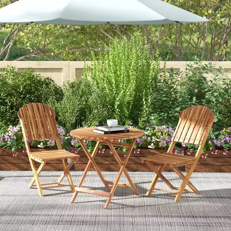 Outsunny 3-Piece Acacia Wood Bistro Set, Foldable Bistro Table and Chairs, Outdoor Bistro Set for Backyard, Balcony, Deck, Porch, Natural Wood Finish