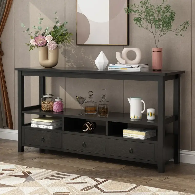Black / White Vintage American Country Style MDF Console Table with 4 Drawers & 3 Tiers