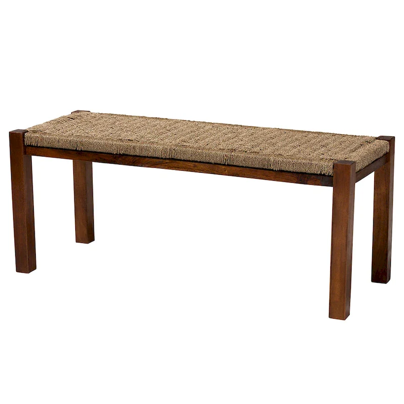 Hermes Mid-Century Modern Transitional Natural Seagrass and Mahogany Wood Bench