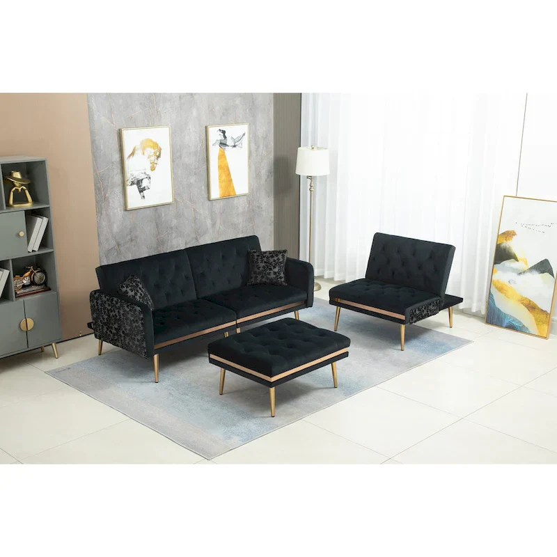 Polyester Upholstered Tufted Sleeper L-Shaped Sectional Sofa With Ottoman