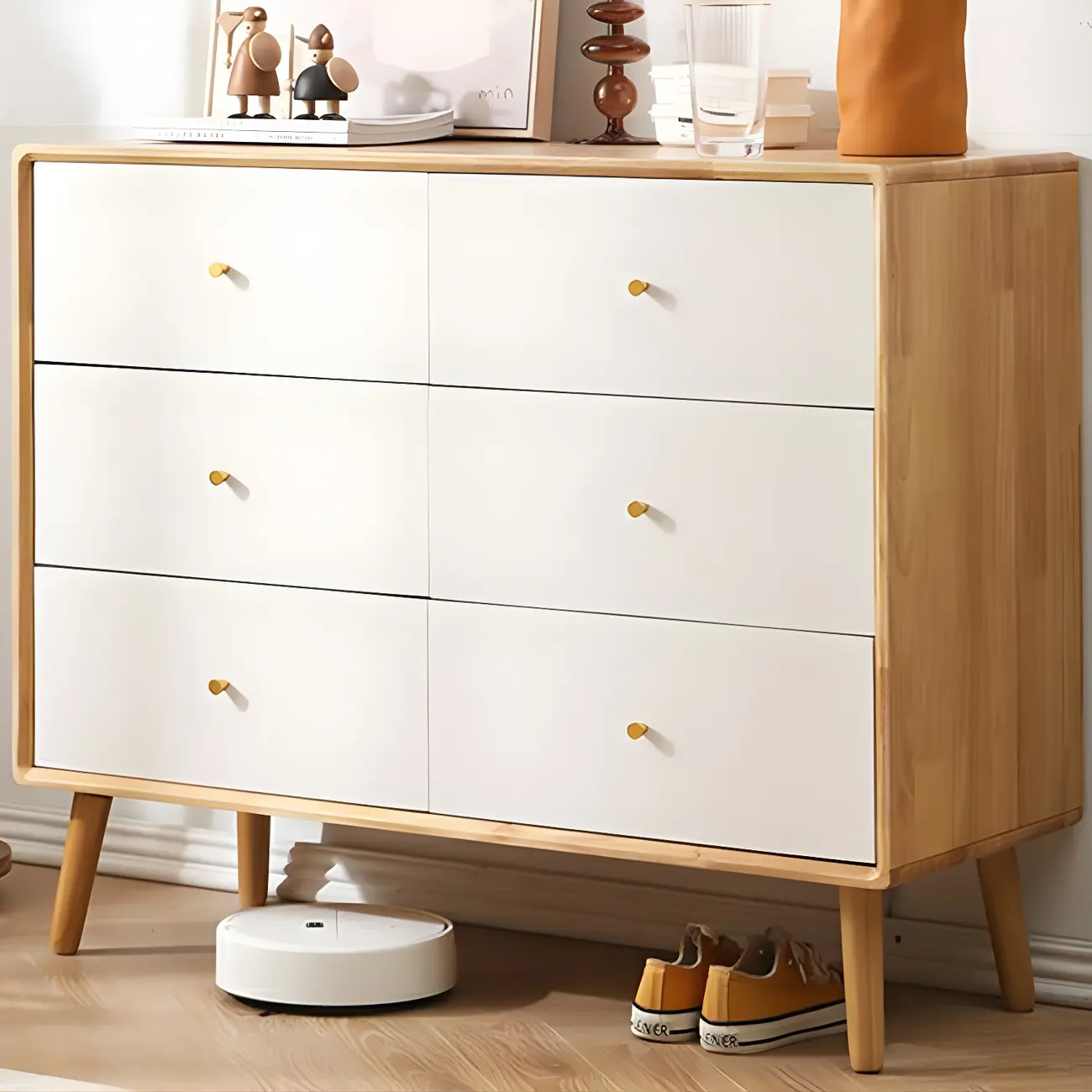 Compact Natural Wood Combo Dresser with Cabinet and Drawers