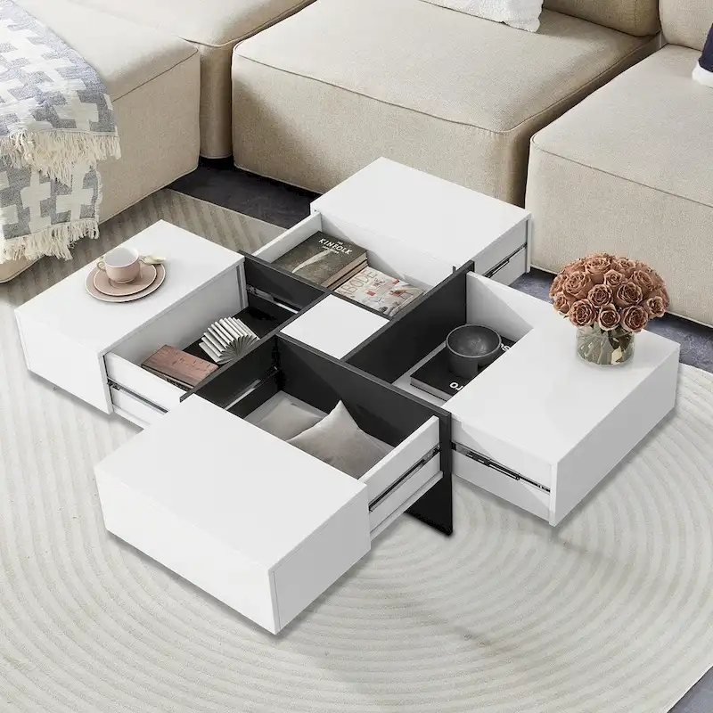White/Brown/Black Square Coffee Table with Sliding Top & Hidden Storage, Seats 1–4
