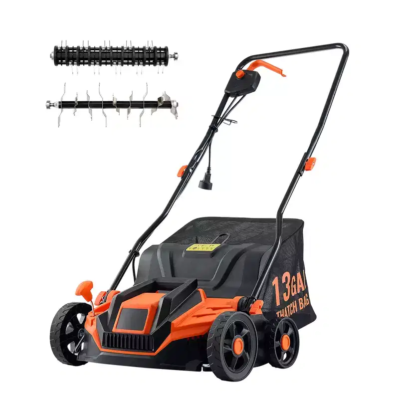 VEVOR 2-in-1 Electric Dethatcher and Scarifier, 13-Inch 13 Amp, with 13-Gallon Thatch Collection Bag, 5-Position Depth Adjustment, Orange&Black