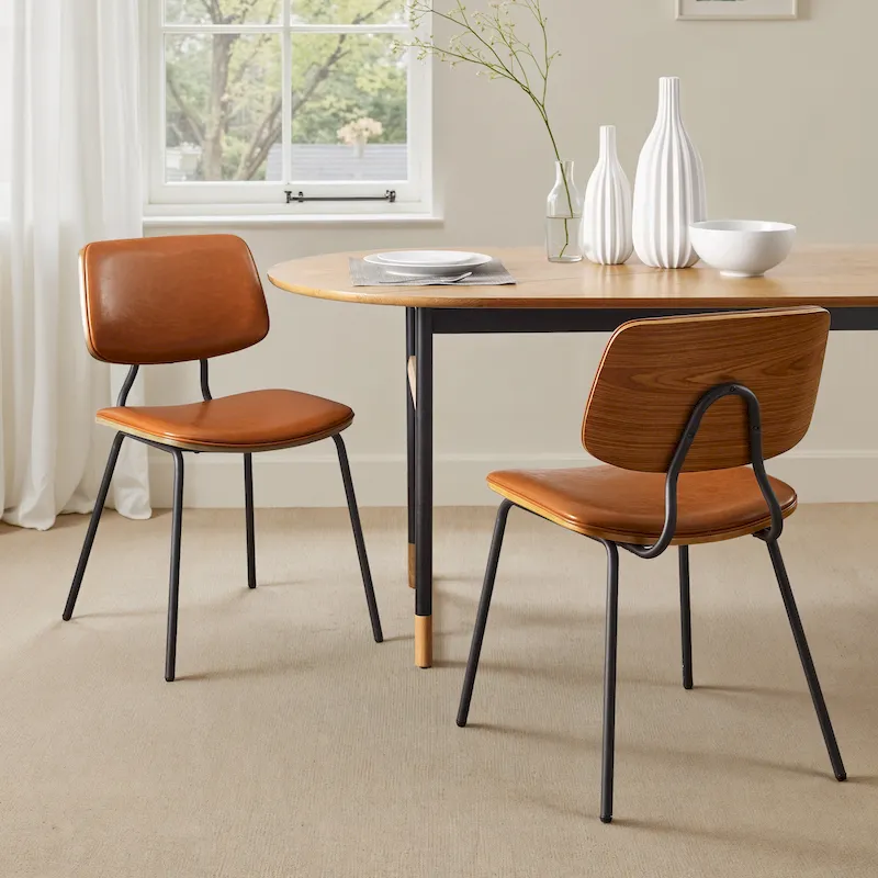 Set of 2 Mid-century PU Leather Bentwood Dining Chairs