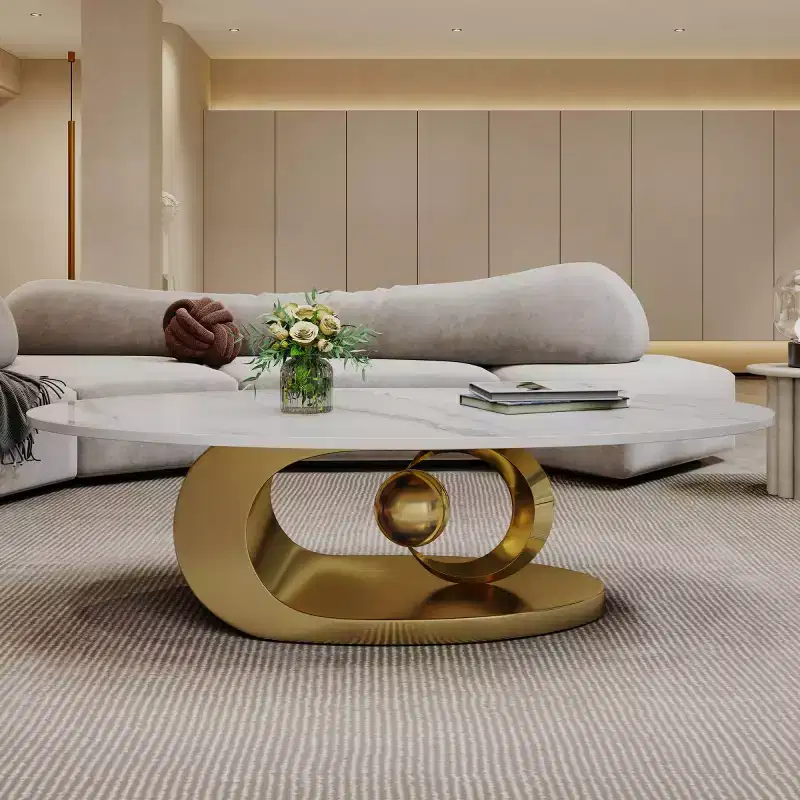49 Oval Coffee Table, Faux Marble Top with Stainless Steel Base, Contemporary Center Table for Living Room-Panipeachy