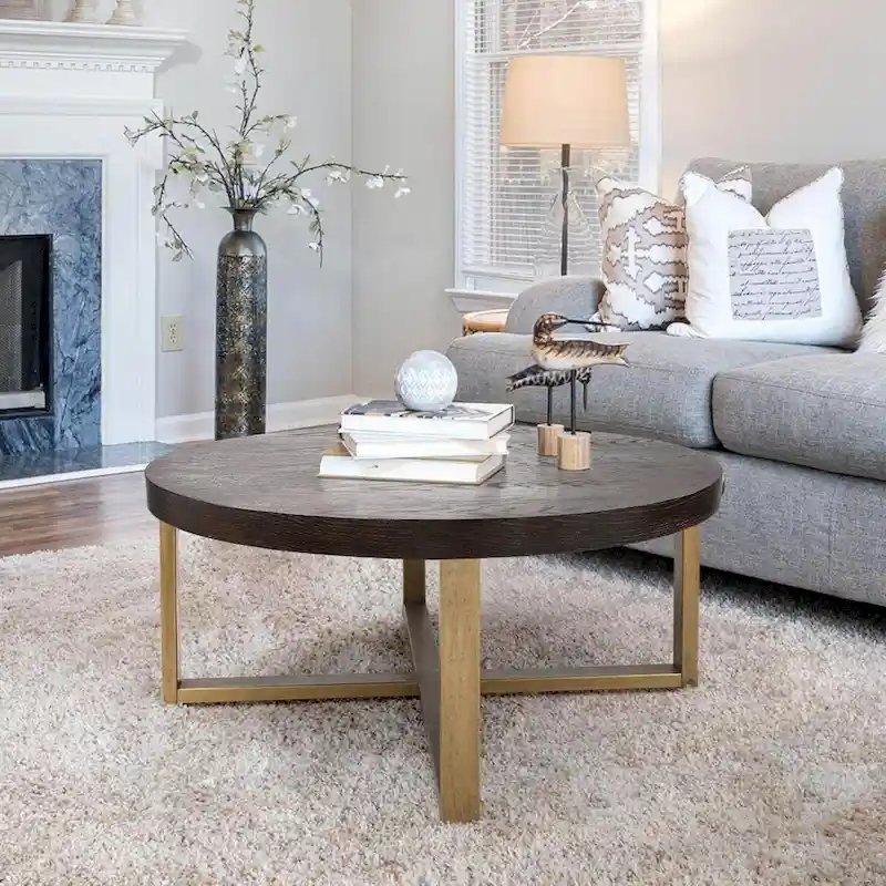 Natural Wood & Antique Gold Round Coffee Table with Metal X-Base – Single