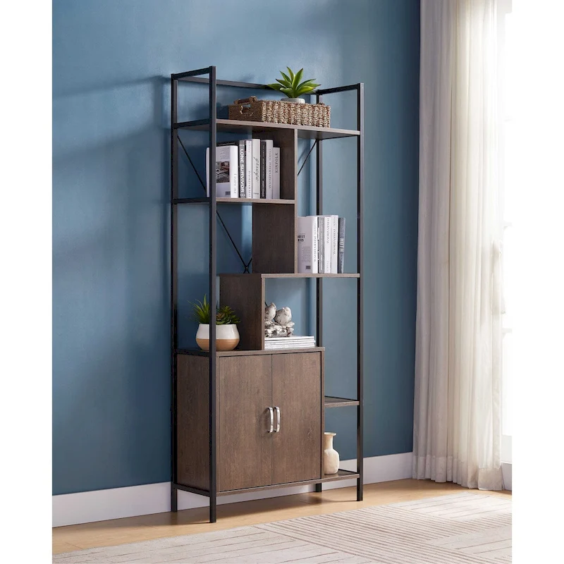 Six Shelf Modern Bookcase with Two Door Storage Cabinet with Two Shelves