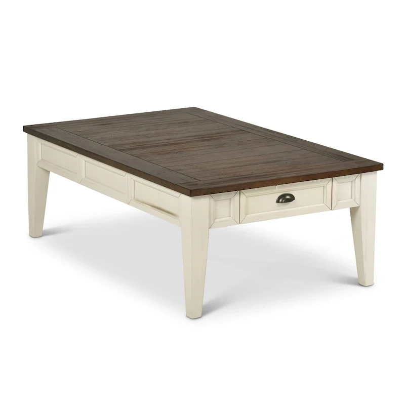 Antique White & Dark Oak Two-Tone Farmhouse Coffee Table with 4 Storage Drawers & Tapered Legs
