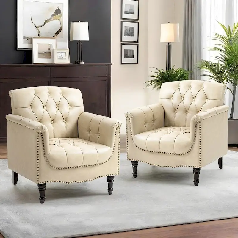 Modern Tufted Accent Armchair with Nailhead Trim Set of 2
