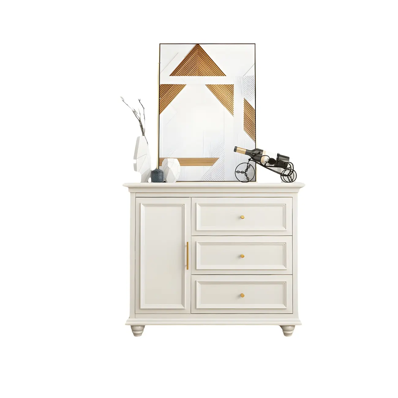 White Wooden Sideboard with 3 Drawers and Cabinets