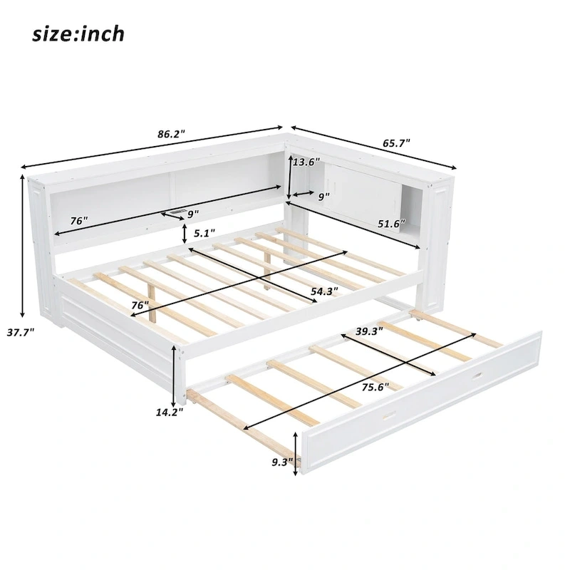 Full Daybed with Shelves, USB Charging, LED Lights & Twin Trundle