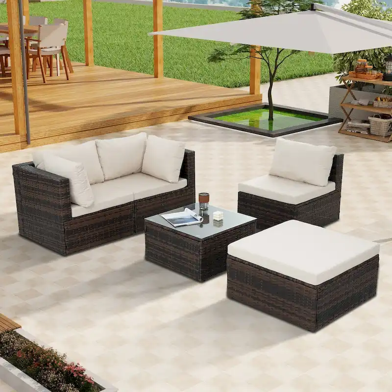 5 Set Wicker Furniture With Tempered Glass Coffee Table