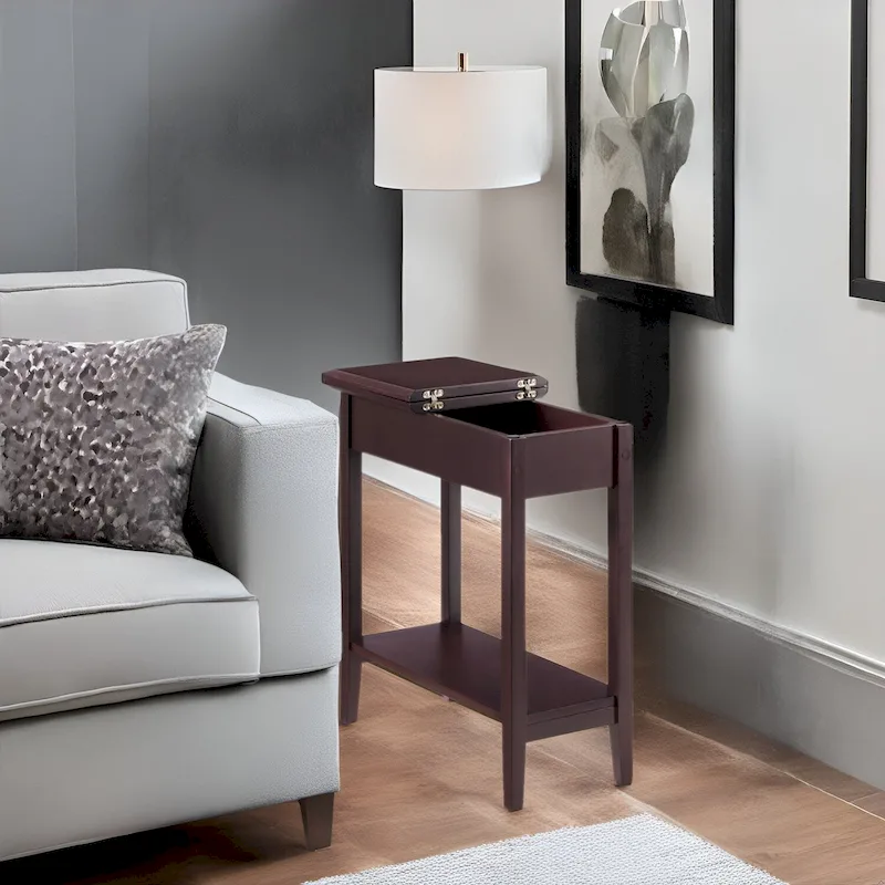 Narrow Flip-Top Side Table with Drawer and Shelf, Cherry / Gray