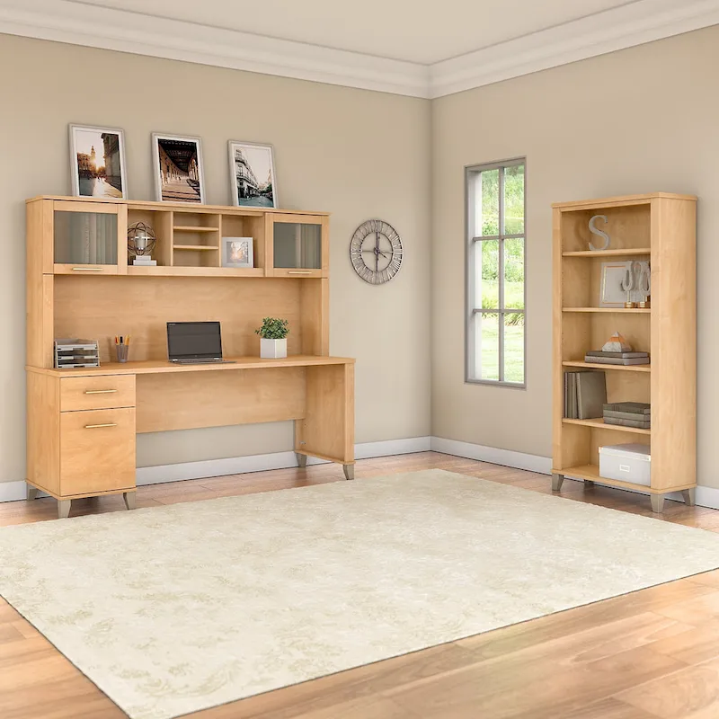 Somerset 72W Office Desk with Hutch and 5 Shelf Bookcase in Ash Gray