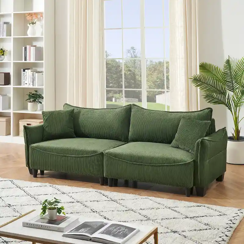Corduroy Upholstered Sofa with 2 Throw Pillows | Modern Living Room Couch
