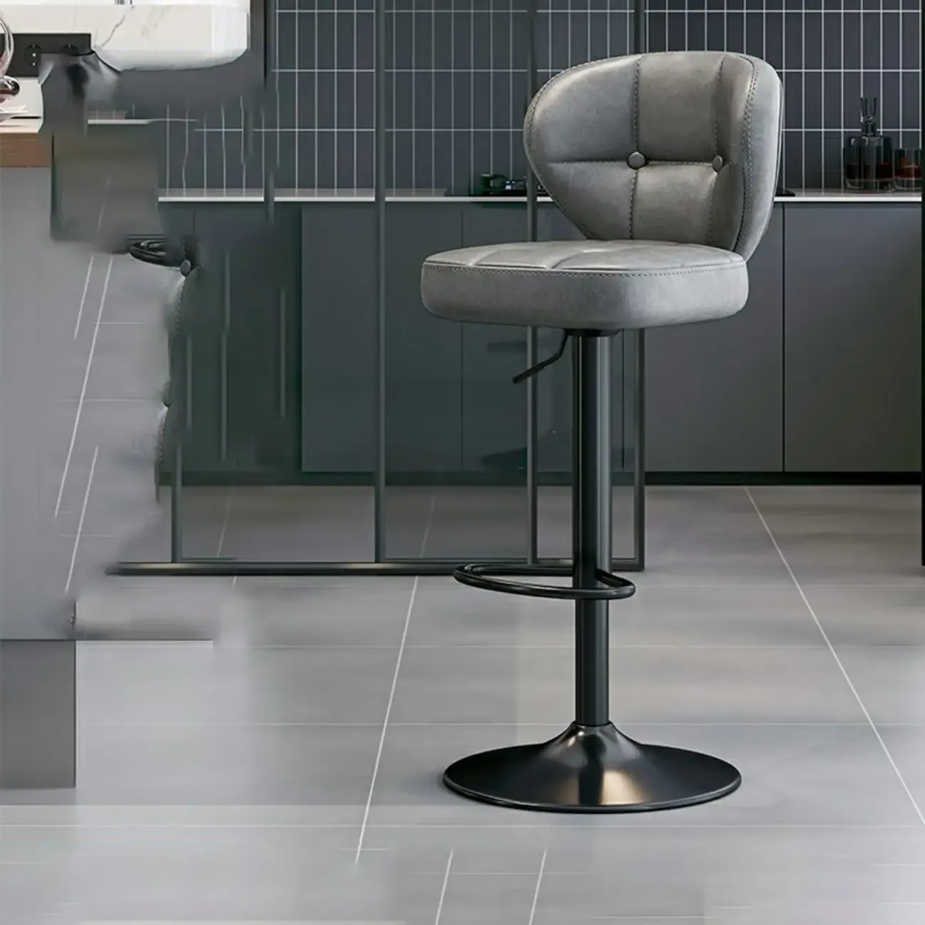Modern Square Tufted Faux Leather Adjustable Swivel Bar Stools